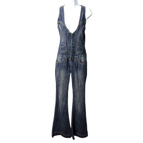 Vintage 90s Y2K Imperial Star Denim Jumpsuit Flare Leg Button Front Low Rise M - Picture 1 of 10